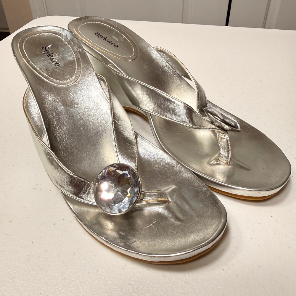 Style & Co Silver Metallic Wedge Sandals Rhinestone Thong Heels Size 8.5M